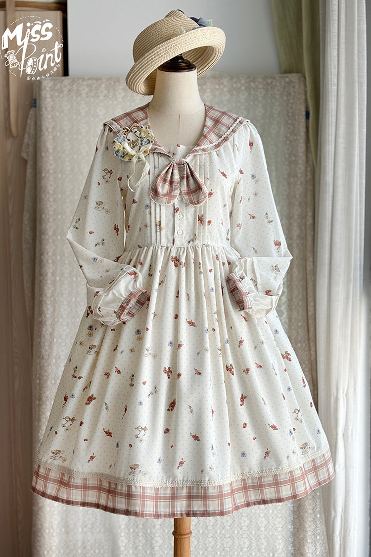 Ivory Sailor Collar Print Ruffle Bowknot Sweet Elegant Lolita Dress