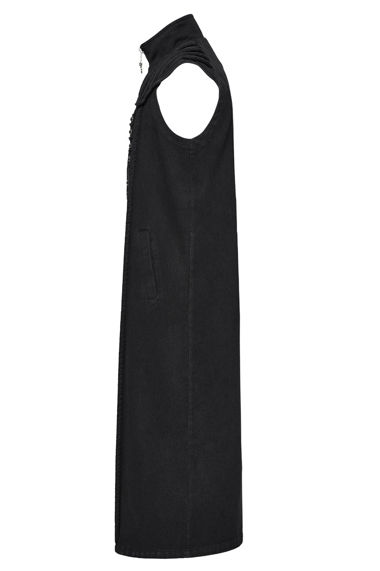 Black Stand Collar High Waisted Slim Men's Gothic Long Vest