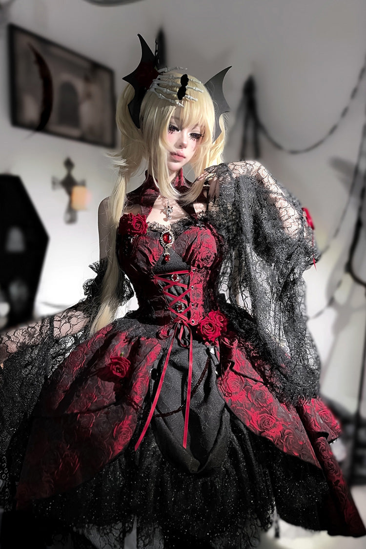 Rotes [Rose Dish] Rüschenstickerei Cardigan Bowknot Schnürung Gothic Lolita Jsk Kleid