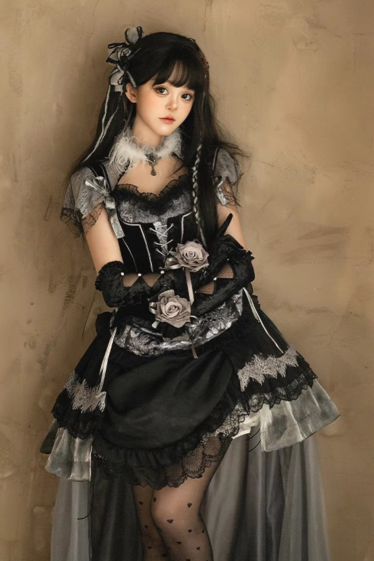 Black [Dark Night Rose] Short Sleeves Print Ruffle Bowknot Lace Asymmetric Gothic Lolita Dress