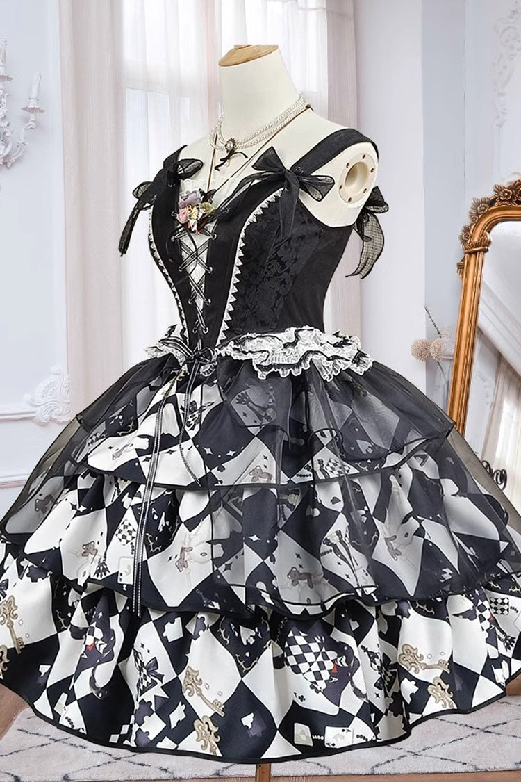 Black/White [Board Games] Triple-Layered Print Ruffle Vintage Lolita Skirt