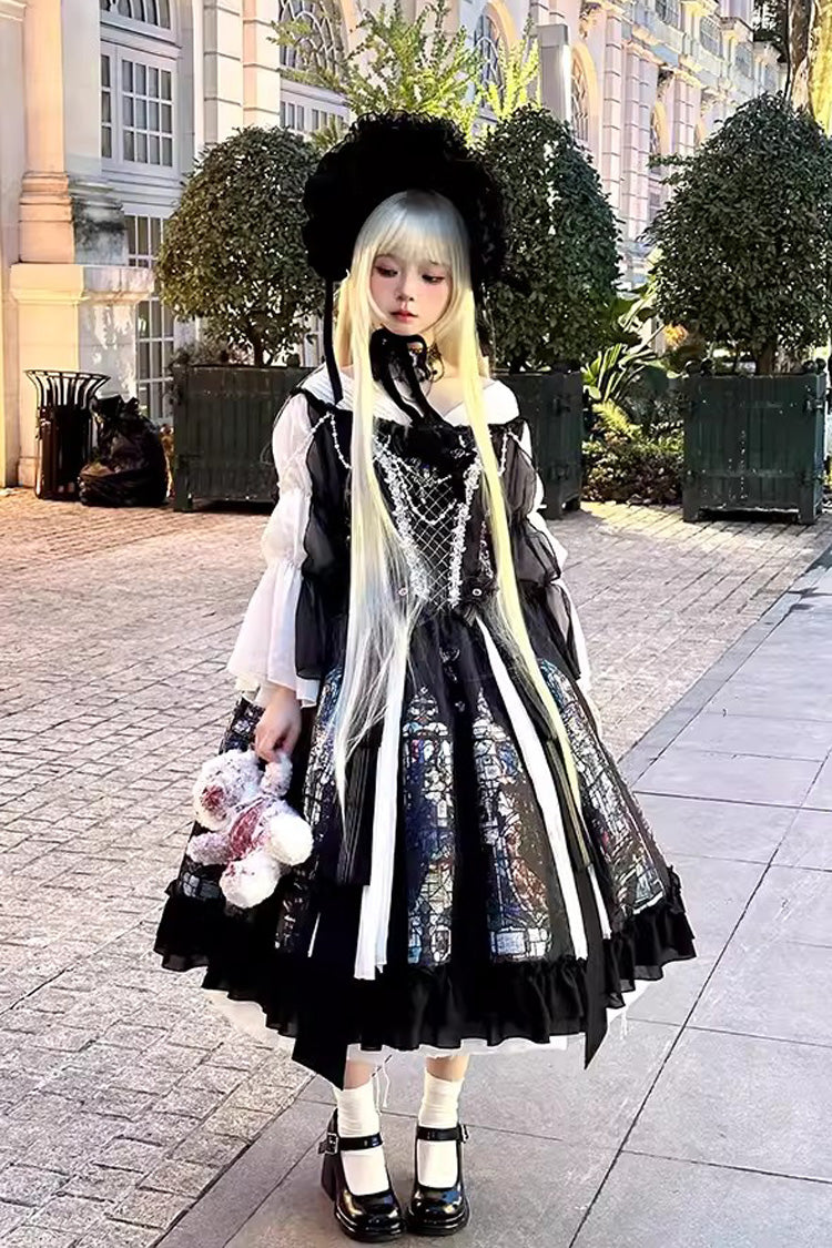 Black Stained Window Print Ruffle Bowknot Gothic Elegant Lolita Jsk Dress