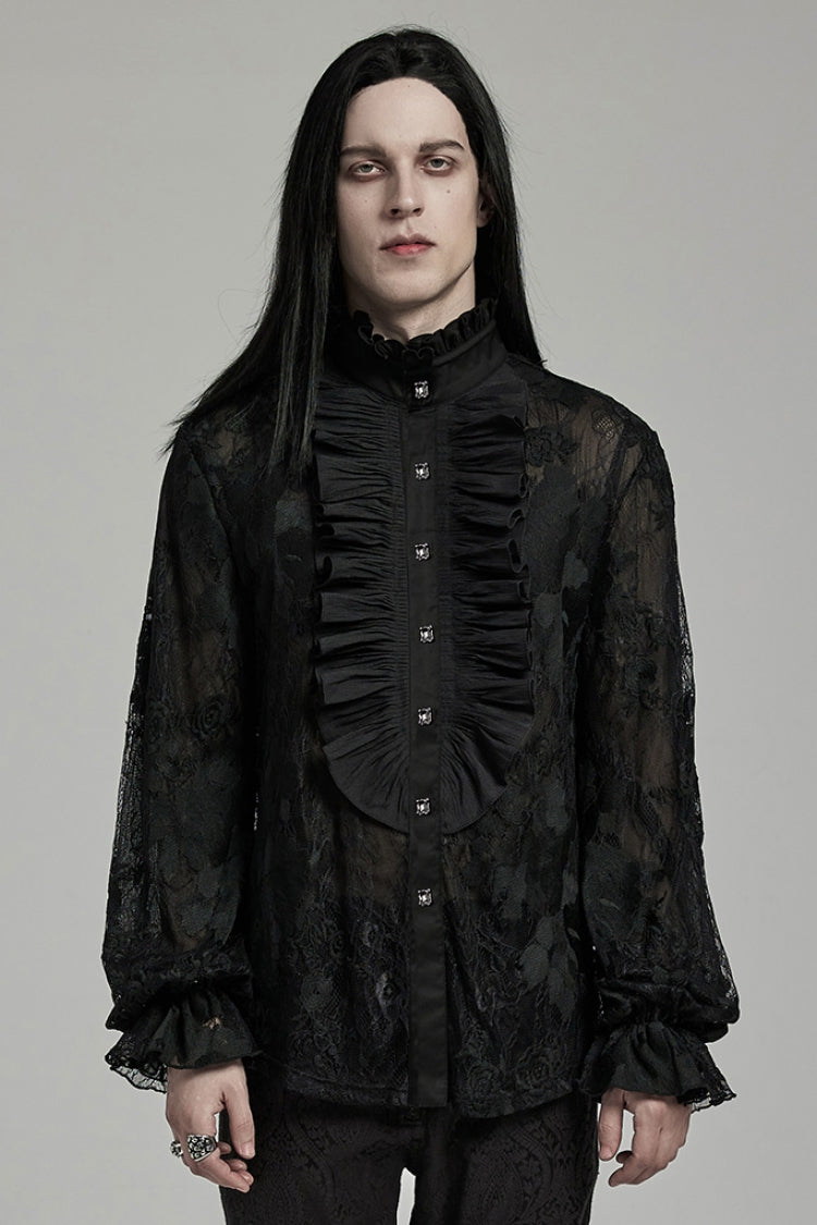 Black Stand Collar Lantern Sleeves Print Ruffle Lace Men's Gothic Blouse