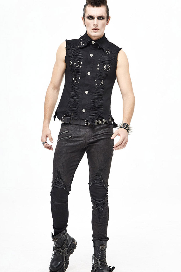 Black Worn Out Twill Mesh Decoration Rough Selvedge Hem Heavy Metal Men's Punk Waistcoat