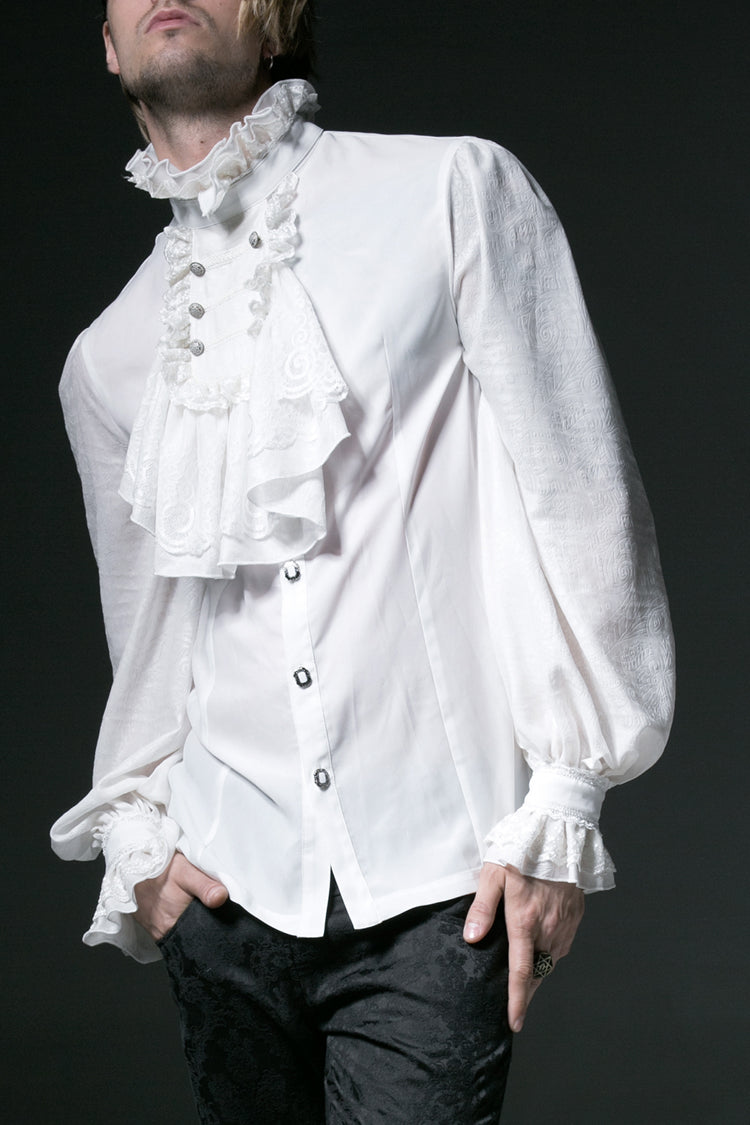 White Stand Collar Retro Button Long Lantern Sleeves Mens Gothic Blouse