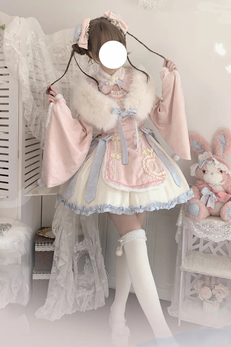 Pink Long Sleeves Ruffle Bowknot Sweet Chinese Style Lolita Dress