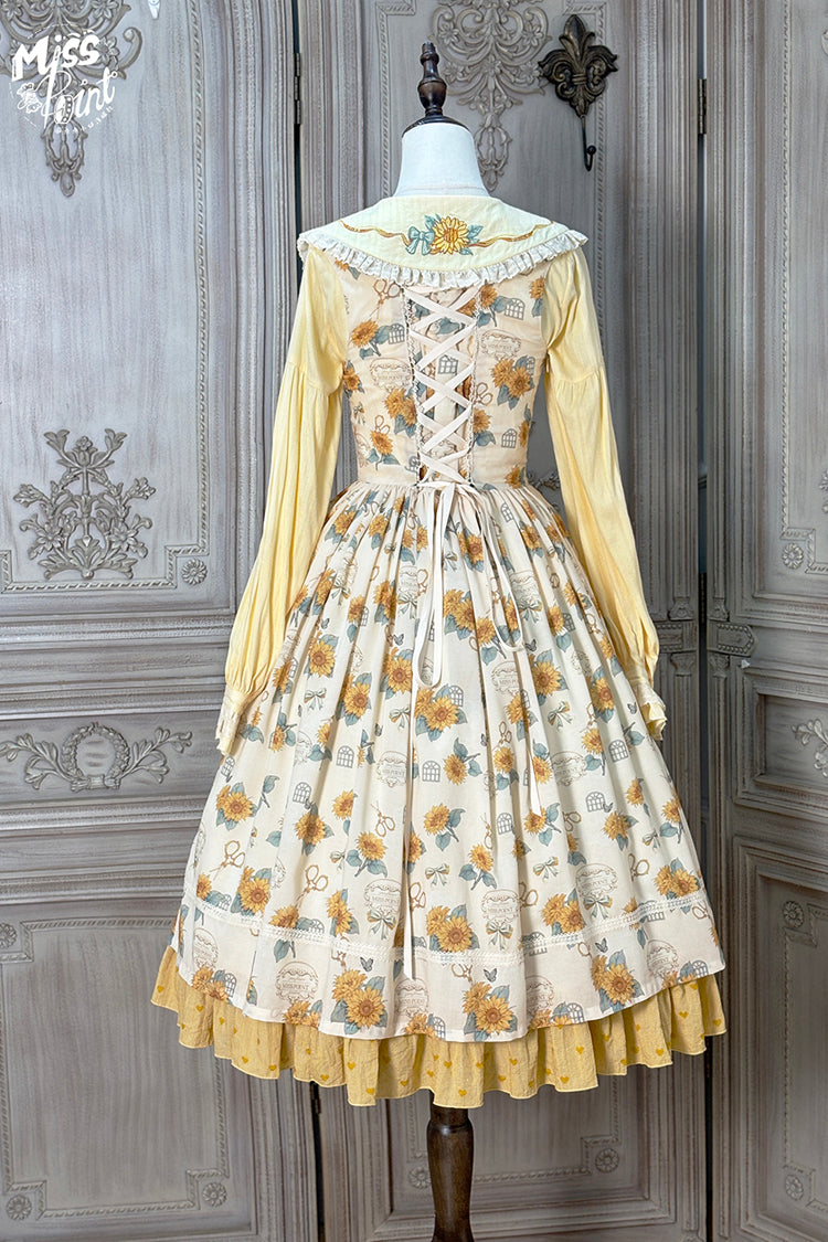 Apricot [Gardening Sunflower] Sleeveless Print Ruffle Bowknot Sweet Elegant Uplift Lolita Jsk Dress