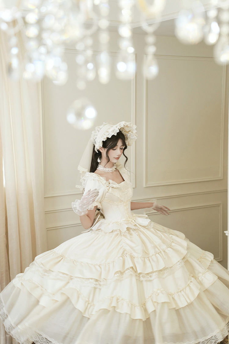 White [Letters and Poems] Square Collar Short Sleeves Ruffle Hanayome Bowknot Sweet Elegant Gorgeous Lolita Dress
