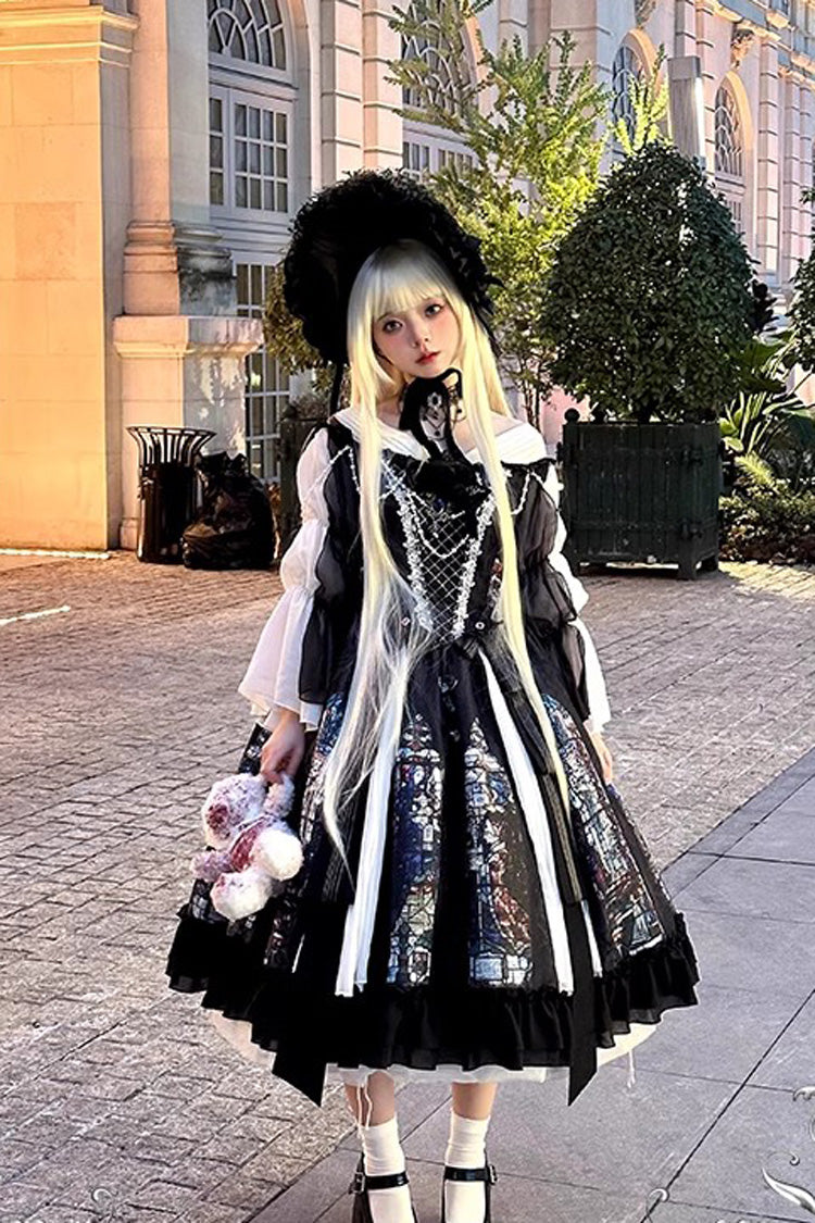 Black Stained Window Print Ruffle Bowknot Gothic Elegant Lolita Jsk Dress