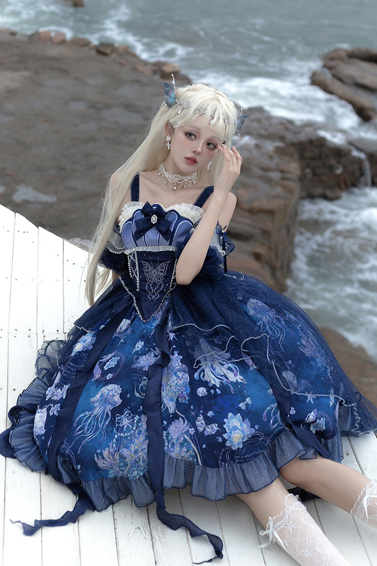 Blue [Deep Sea Jellyfish] Print Ruffle Lace Sweet Elegant Lolita Jsk Dress