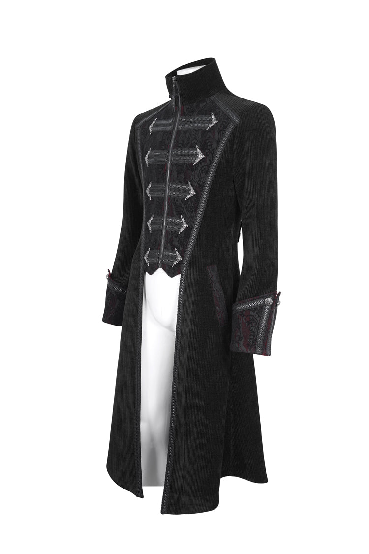 Black Stand Collar Long Sleeves Embroidery Slim Men's Gothic Coat