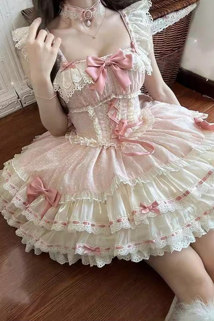 Pink Triple-Layered Bowknot Lace-Up Sweet Princess Ballet Lolita Jsk Dress