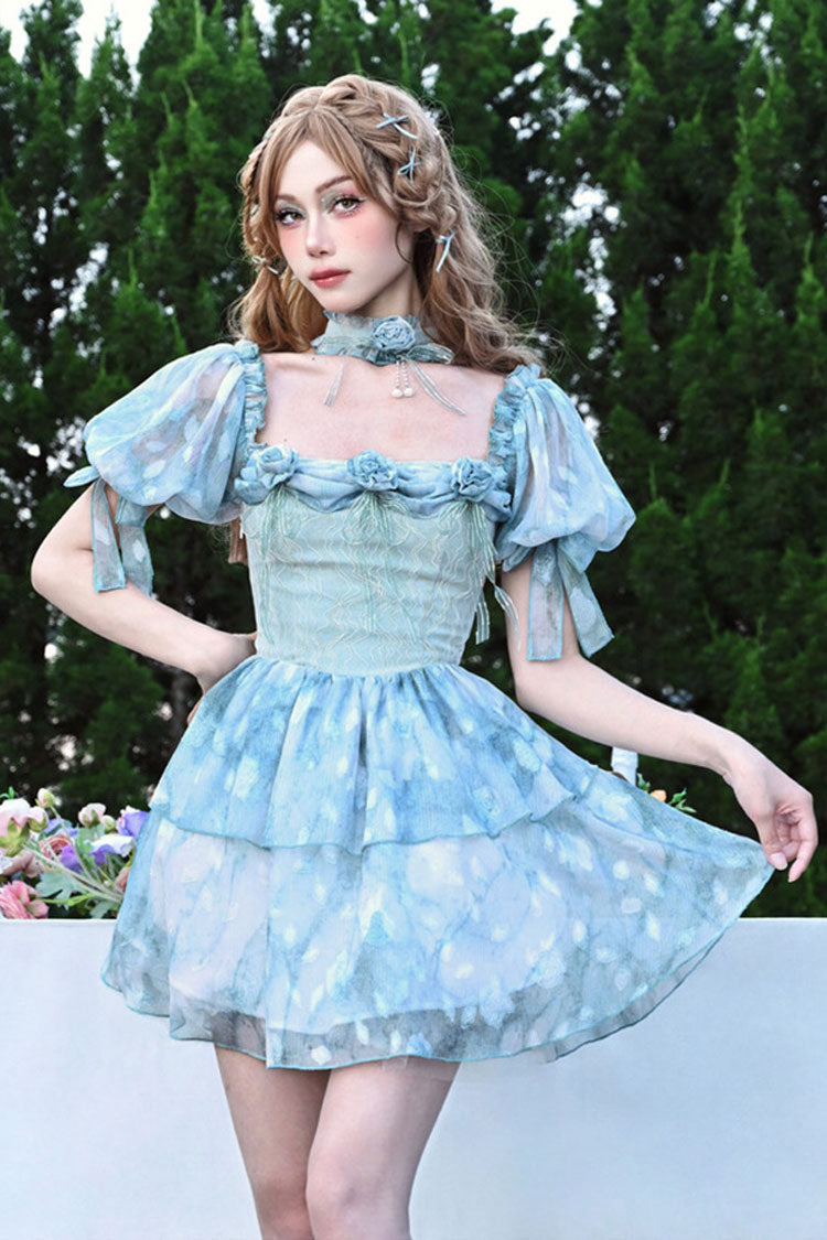 Blue Square Collar Short Puff Sleeves Multi-Layered Print Ruffle Bowknot Tie-dyed Sweet Princess Lolita Dress