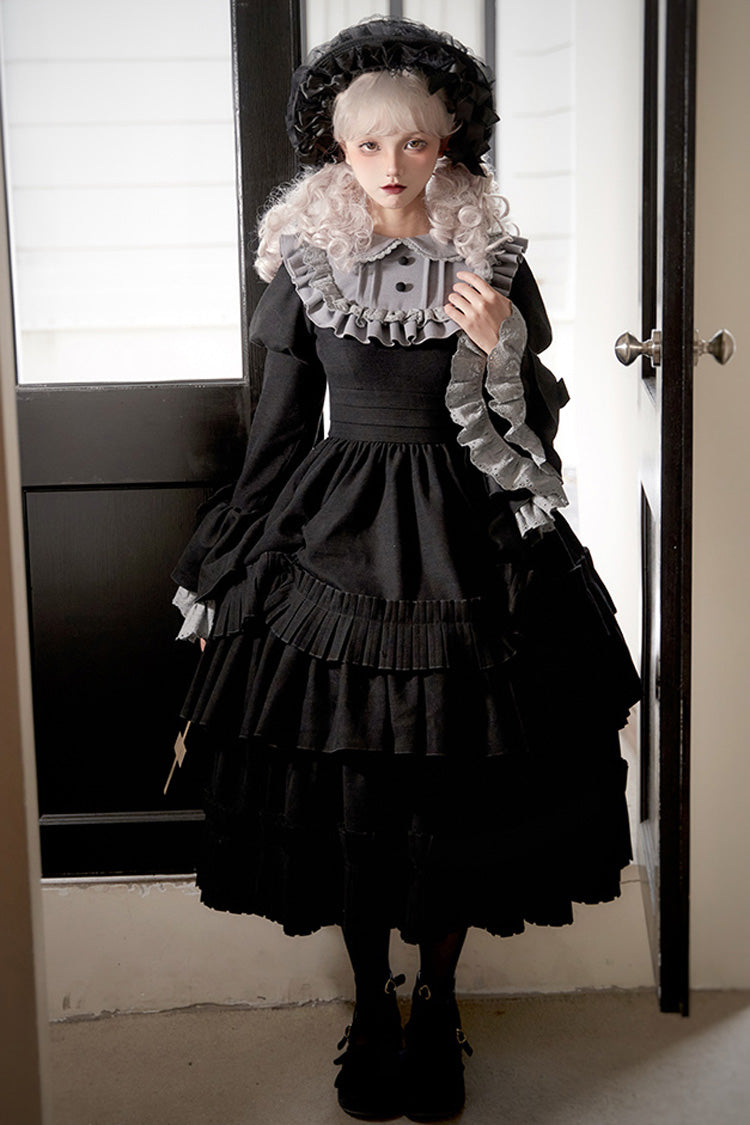 Schwarzes [Chapter of the Night] Gothic Lolita Kleid mit langen Hime-Ärmeln, Rüschen und Schleife