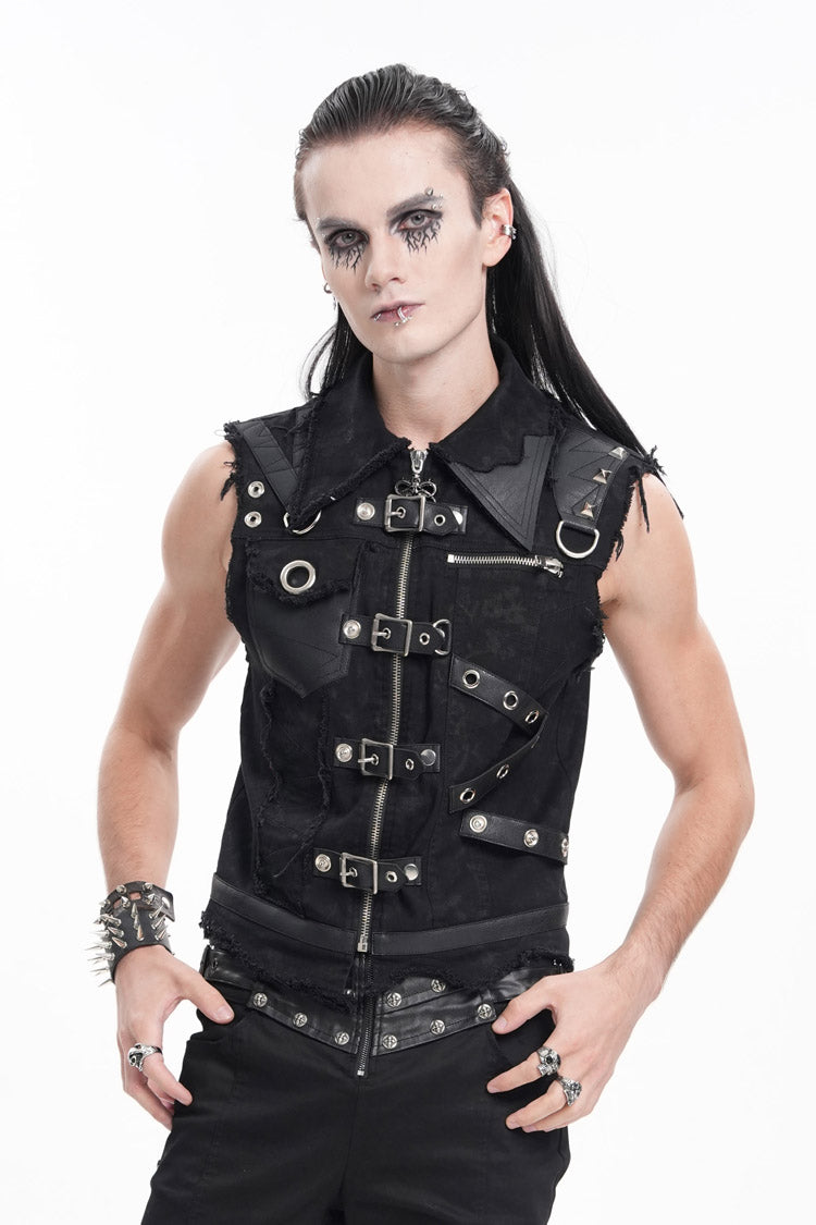 Black Lapel Collar Sleeveless Ripped Buckle Eyelets Men's Gothic Vest