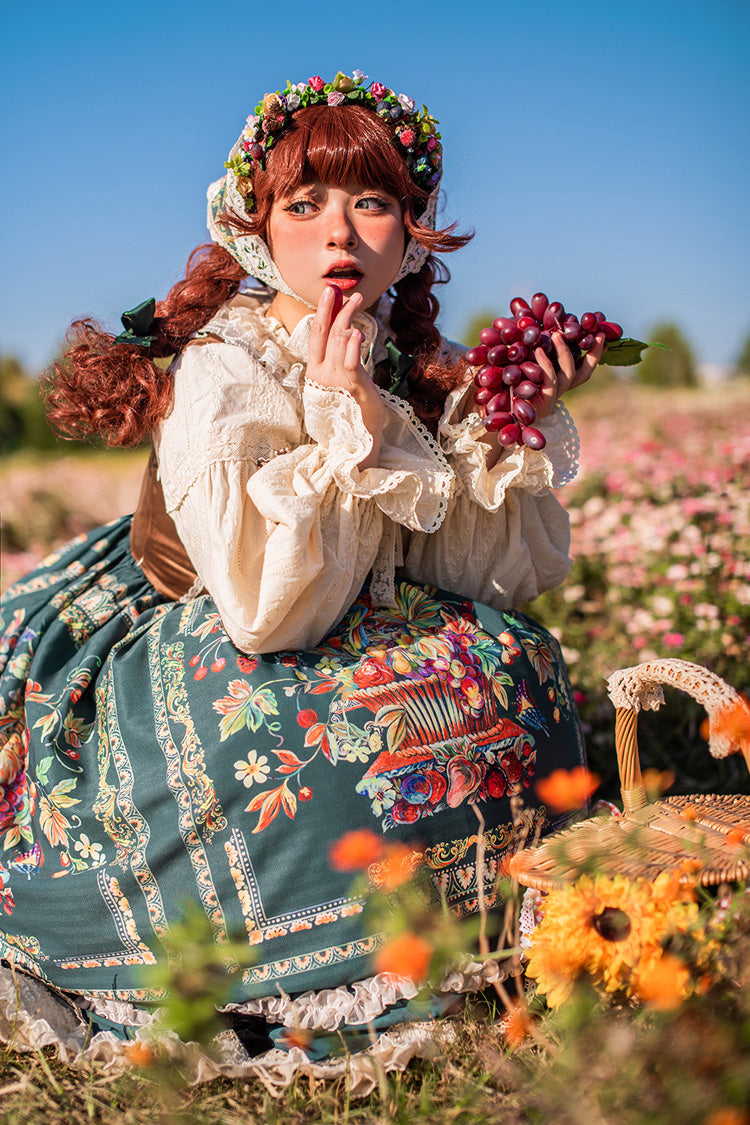 Green [Ode to Plenty] Berries and Birds Print Ruffle Bowknot Velvet Classic Lolita Breast Support Jsk Dress