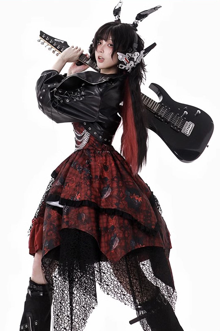 Red [Strawberries of Blood and Tears] Sleeveless Print Ruffle Bowknot Lace Asymmetric Gothic Lolita Jsk Dress