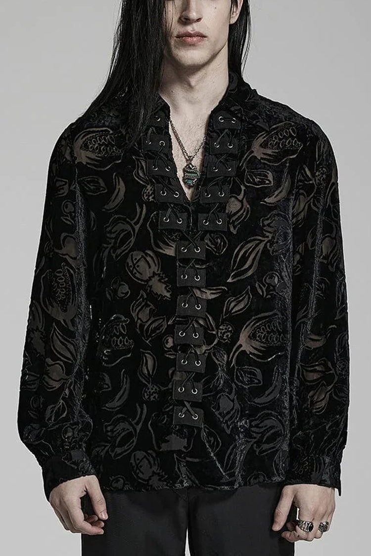 Piranha Print Lapel Collar Long Sleeves Mens Gothic Blouse 2 Colors