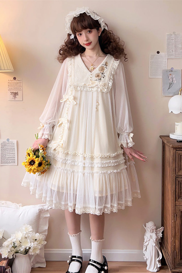 Elfenbein [Sunflower Diary] Langärmliges Rüschenstickerei Schleife Spitzen Chiffon Süßes Prinzessin Lolita Kleid