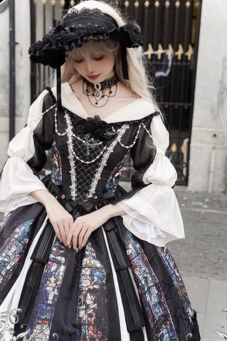 Black Stained Window Print Ruffle Bowknot Gothic Elegant Lolita Jsk Dress