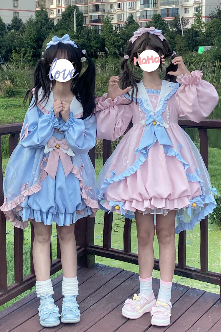 Blue Long Sleeves Music Notes Print Ruffle Bowknot Lace Sweet Lolita Dress