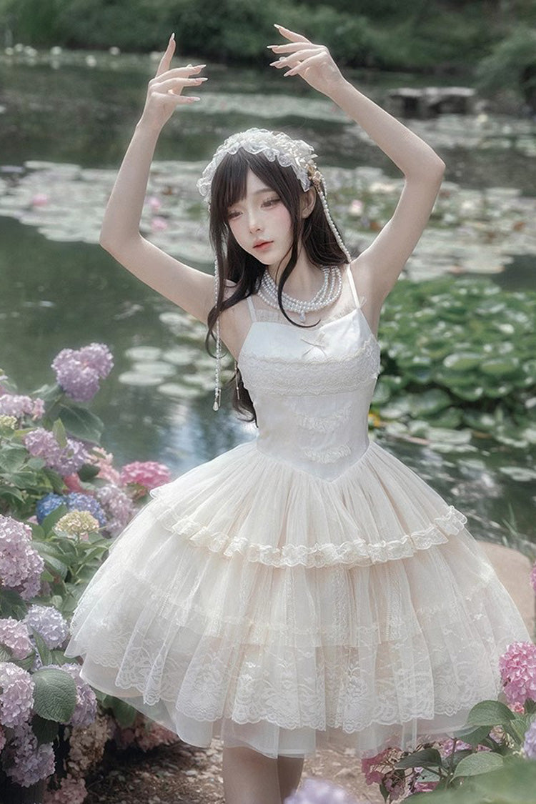 Ivory Tower – Süßes, elegantes Lolita-JSK-Kleid mit mehrlagiger Rüschenstickerei (kurze Version)