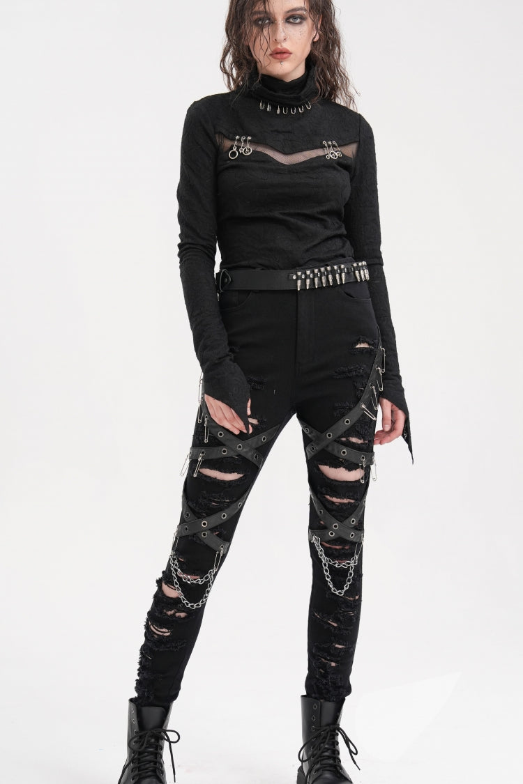 Black Chain Mesh Ripped Women's Punk Pants