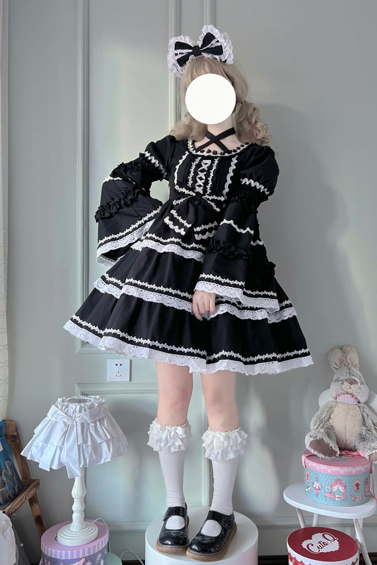 Schwarzes dreilagiges Gothic Lolita Kleid mit abnehmbaren Ärmeln und Schleife zum Schnüren