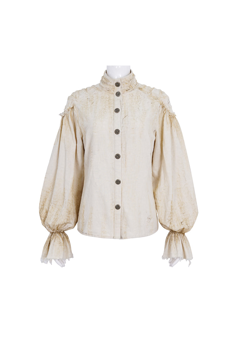 Beige Stand Collar Lantern Sleeves Print Lace Women's Punk Blouse