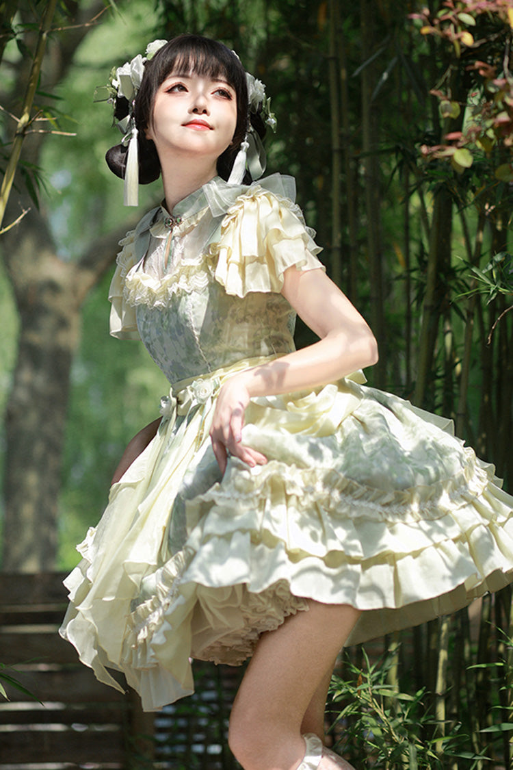 Green Pepper Chiffon Double-Layered Ruffle Bowknot Lace Sweet Chinese Style Lolita Dress