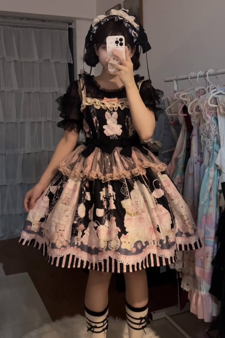 Süßes Lolita-Kleid mit Kaninchen-Bär-Druck, Rüschen und Schleife, 3 Farben