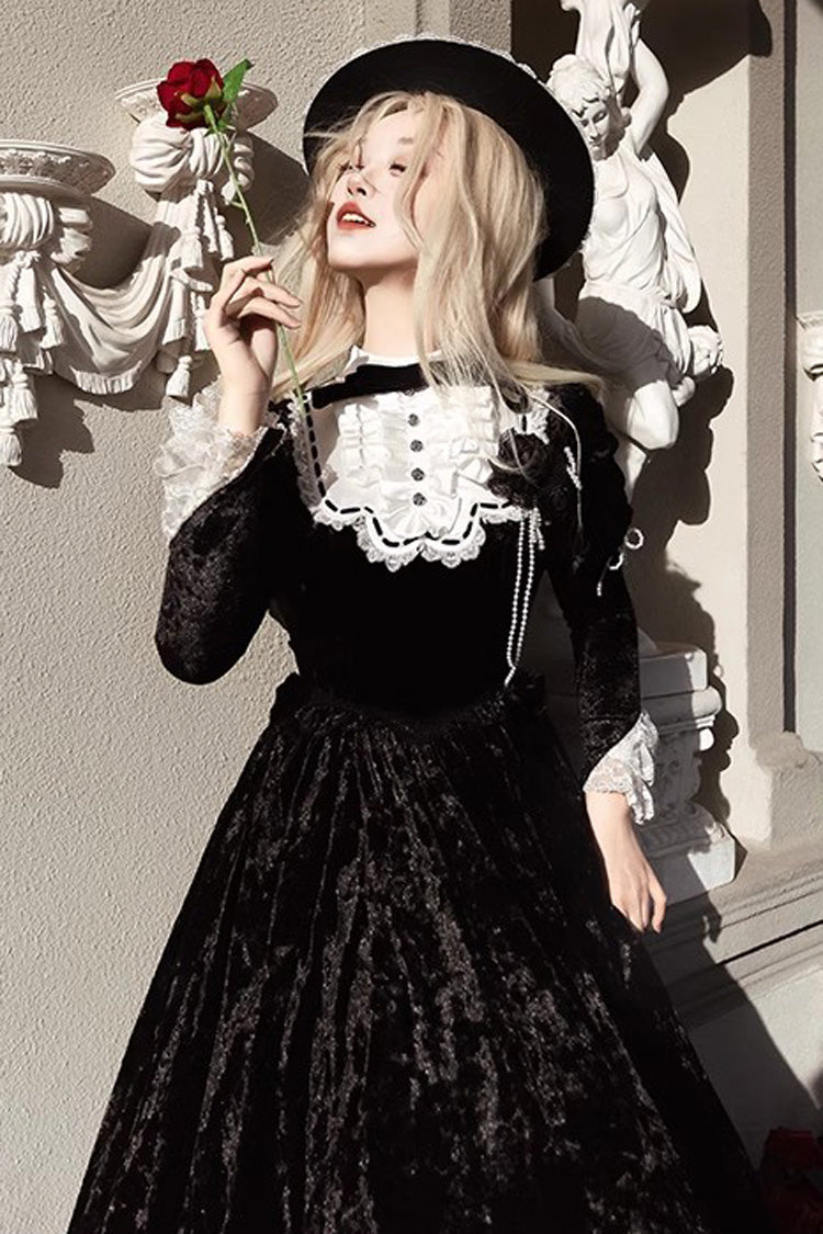 Schwarzes [Whispering Castle] Langärmliges Gothic Lolita Kleid mit Rüschen, Schleife und Spitze