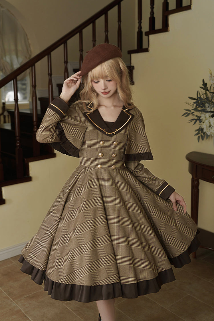 Brown [Baker Street Stories] Stripe Print Ruffle Fake Two Pieces British College Style Classic Lolita Dress