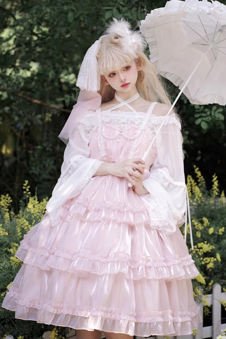 Pink Gauze Romance Multi-layer Ruffle Bowknot Sweet Elegant Princess Lolita Jsk Dress