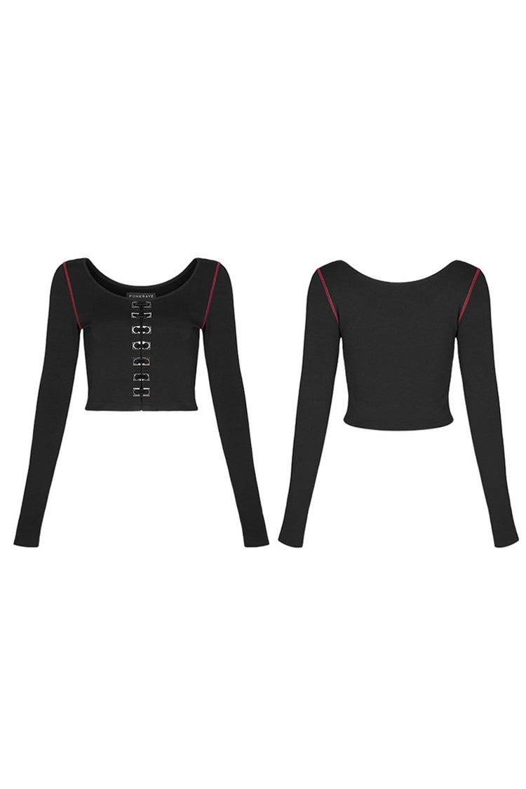 Black Round Collar Long Sleeve Front Metal Square Eyelets Decoration Short Tight Women's Punk T-Shirt