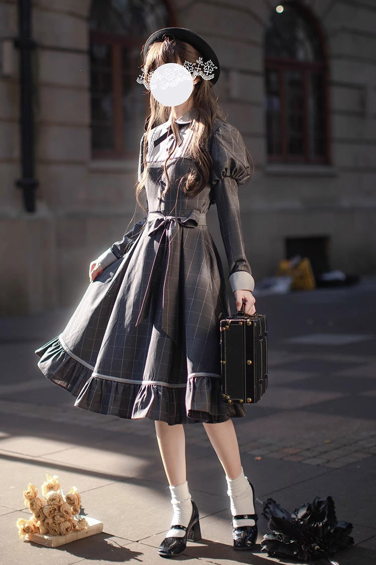 Grey Plaid Print Ruffle Bowknot Classic Vintage College Style Elegant Lolita Dress