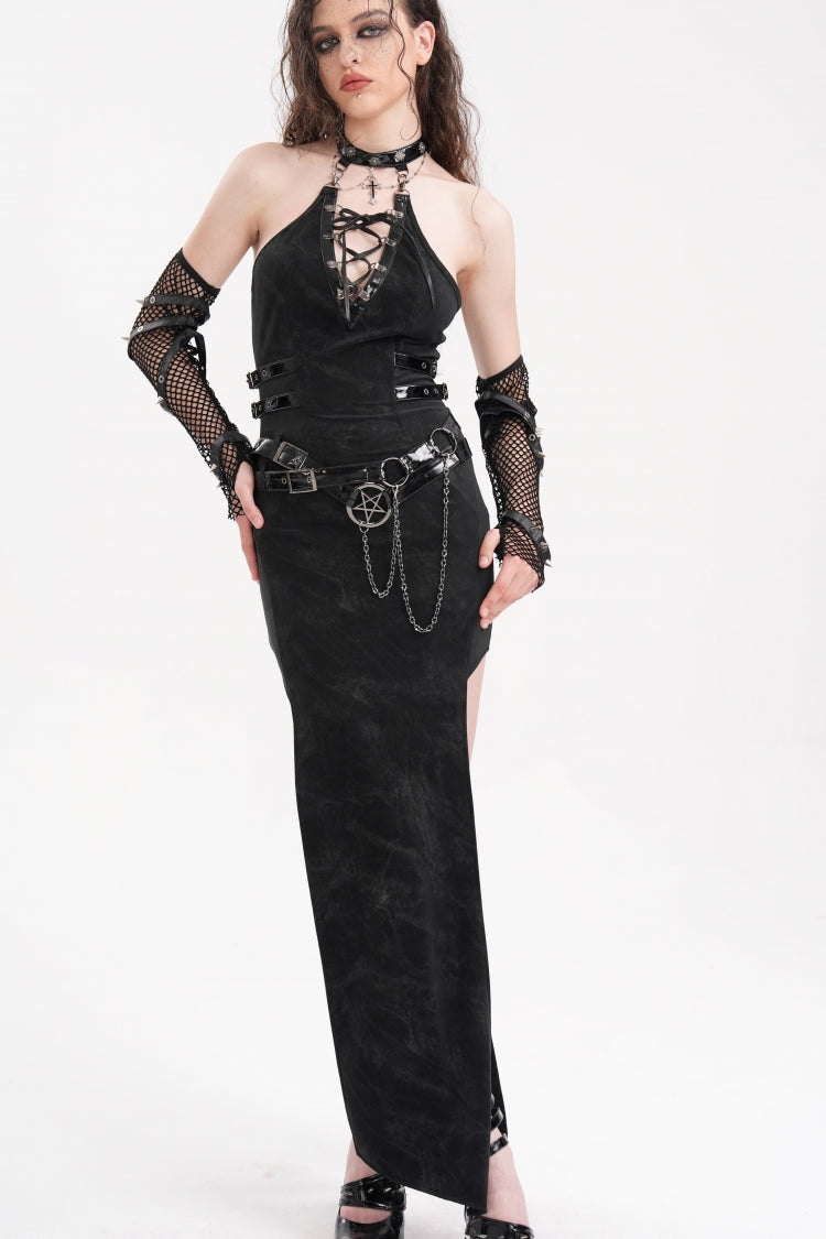 Black Chains Buckle-up Halterneck Hollow Lace-Up Women's Gothic Strap Maxi Dress