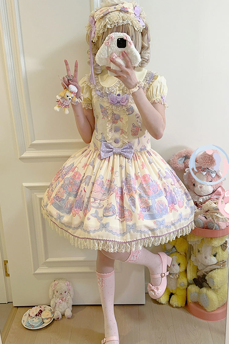 Cream Soda Mermaid Print Light Yellow Bowknot Lace Sweet Lolita Strap Dress