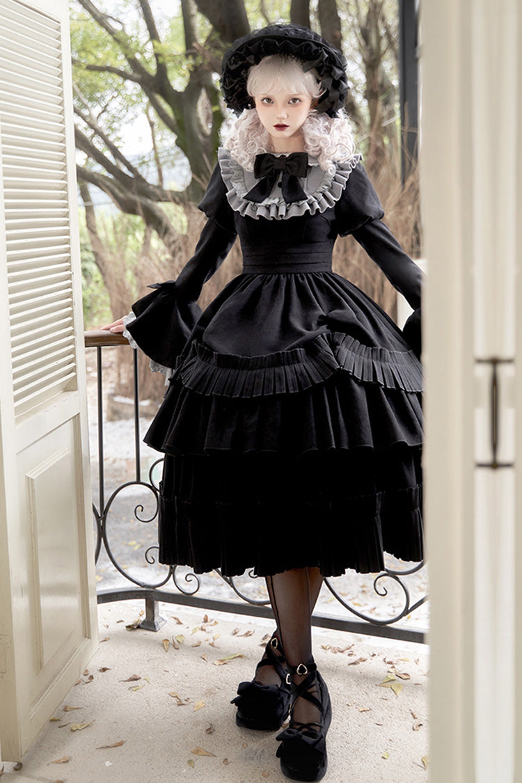 Schwarzes [Chapter of the Night] Gothic Lolita Kleid mit langen Hime-Ärmeln, Rüschen und Schleife