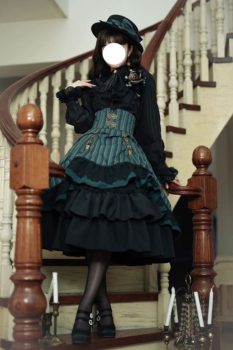 Point Manor Multi-layer Striped Print Ruffle Vintage Elegant Gothic Lolita Skirt 4 Colors