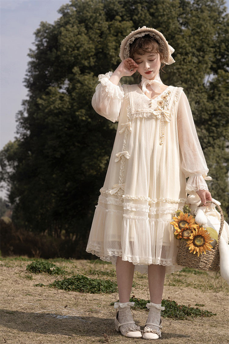 Ivory [Sunflower Diary] Long Sleeves Ruffle Embroidery Bowknot Lace Chiffon Sweet Princess Lolita Dress