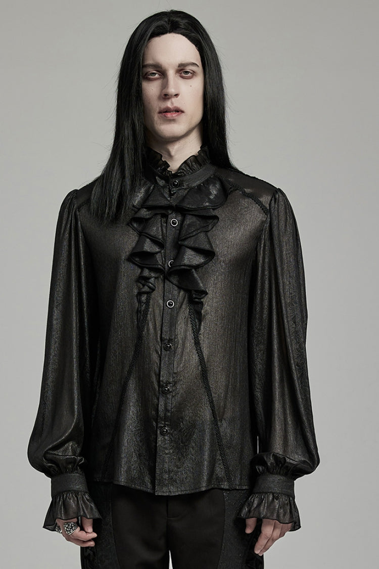 Black Stand Collar Jacquard Ruffle Men's Gothic Blouse