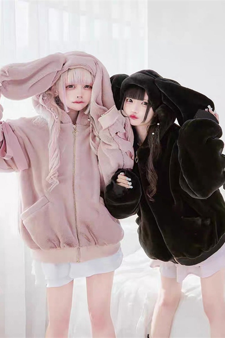 Pink Rabbit Ears Long Sleeves Bowknot Lace-Up Hooded Jirai Kei Coat