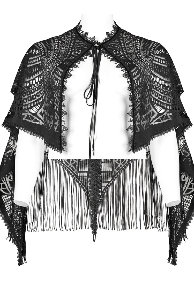 Black Openwork Lace Embroidery Pattern Decoration Hem Fringed Design Elasticated Neckline Women's Gothic Shawl