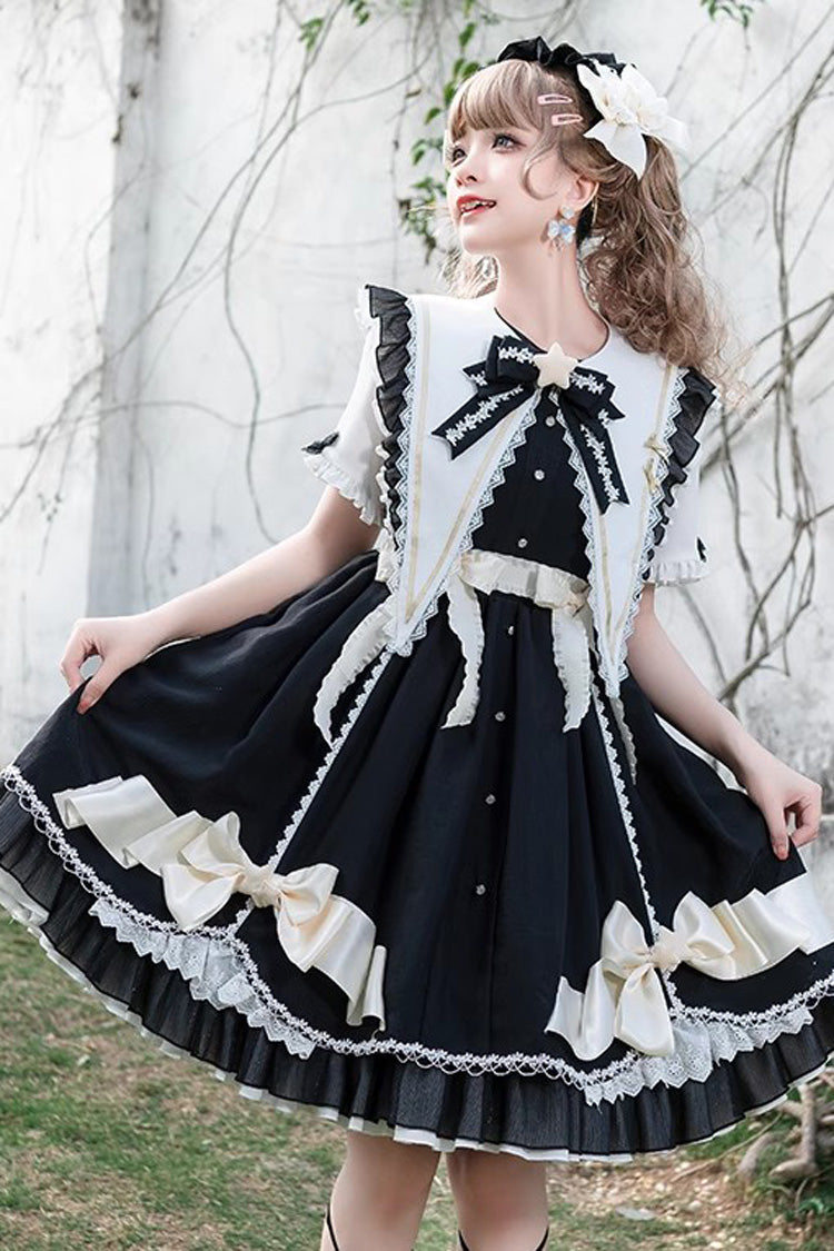 Black Sleeping Star Short Sleeves Ruffle Bowknot Lace Stitching Sweet Lolita Dress