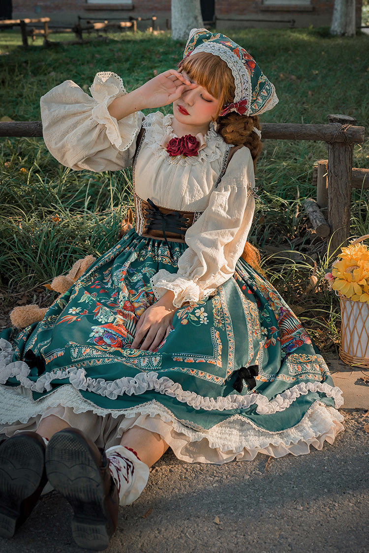 Grün [Ode an die Fülle] Beeren- und Vogeldruck Rüschen Bowknot Samt Klassisches Lolita Brustunterstützung Jsk Kleid