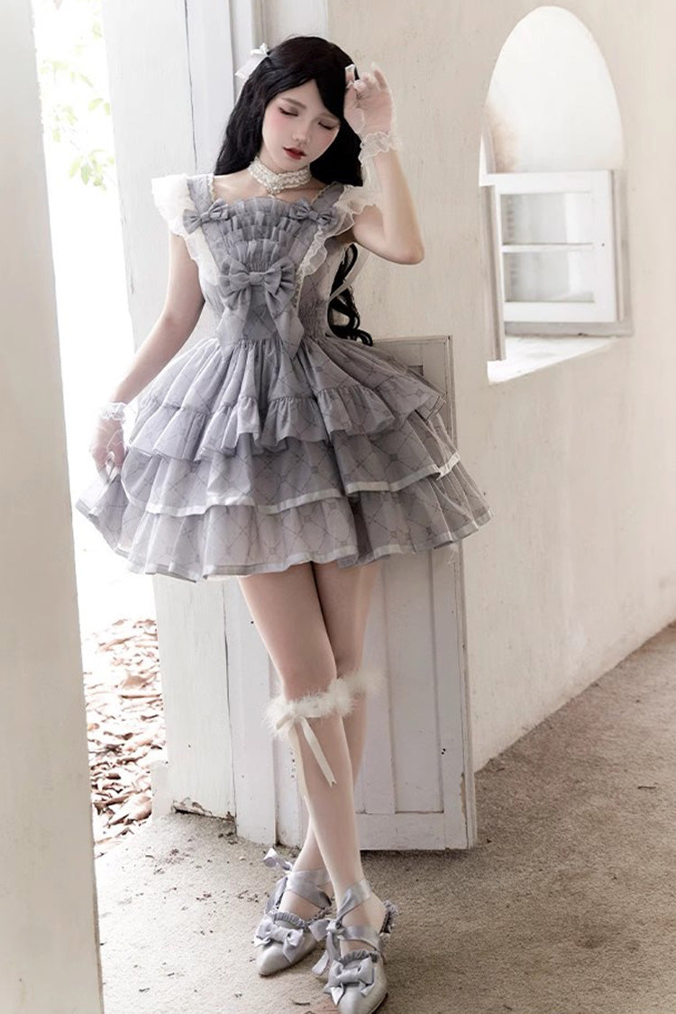 Grey Sleepless Dreams Multi-layer Print Ruffle Bowknot Sweet Elegant Lolita Jsk Dress