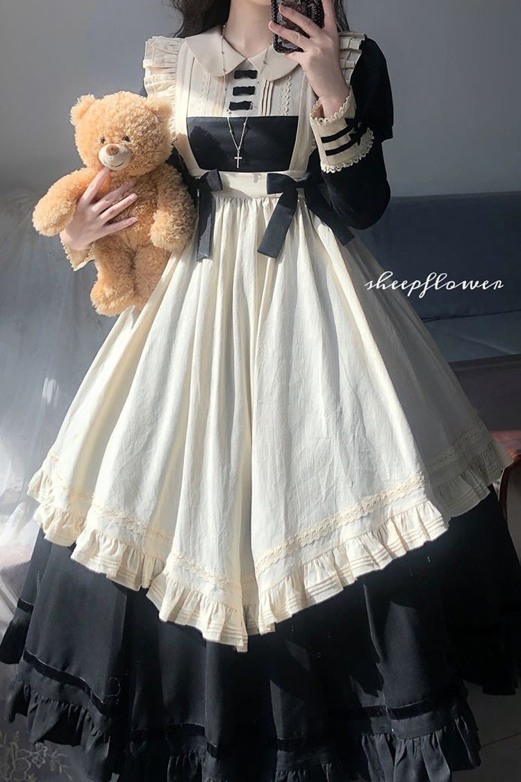 Black Maid Lapel Collar Short Sleeves Ruffle Sweet Classic Lolita Dress (Short or Long Version)