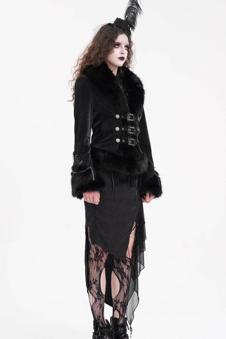 Black Faux Fur Bucket-up Chain Women's Gothic Jacket