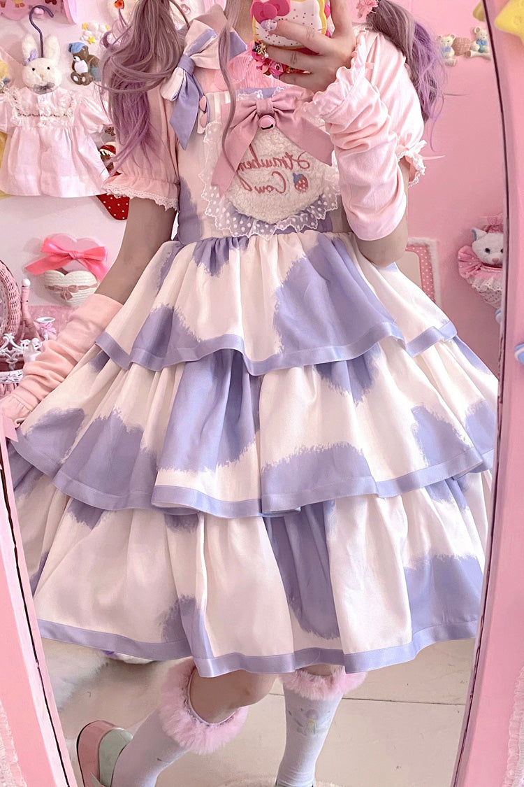 Blue Sleeveless Triple-Layered Cow Print Ruffle Bowknot Sweet Lolita Jsk Dress